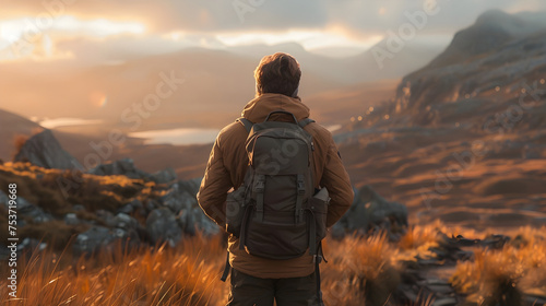 Man Hiking in the Scottish Highlands During Sunset