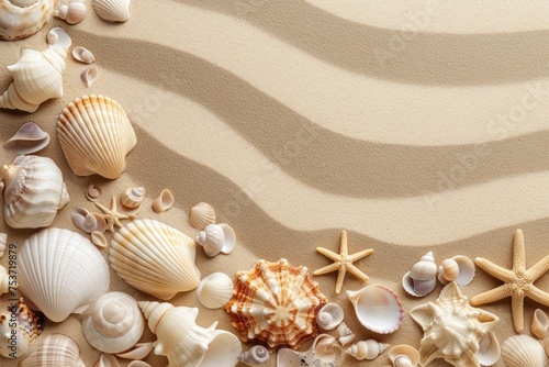 Sand, sea shells, and other sea life are presented on a beach background, showcasing minimalist sets and a beige color.