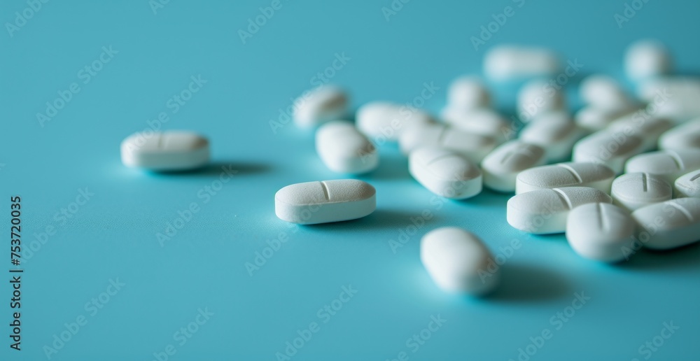 White pills are placed on a blue surface, showcasing muted aesthetics, minimalist compositions, bold and colorful compositions, and a light gray and cyan color.