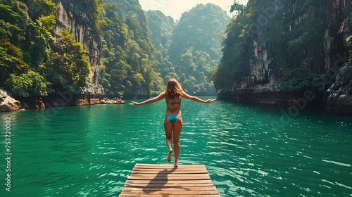 Backpacker Jumping into Cheow Lan Lake Thailand © vanilnilnilla