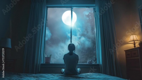 Woman gazing at the moon from inside her room. Contemplative nocturnal scene. Seamless looping 4k timelapse virtual video animation background generated AI  photo