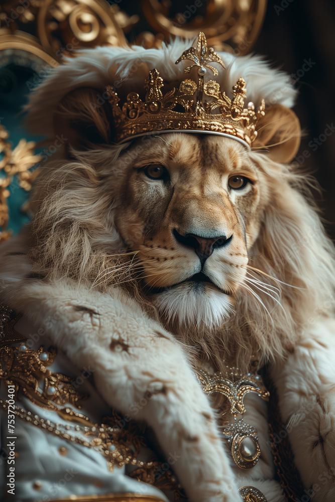 Portrait of a royal lion wearing a crown, lion dressed like a king