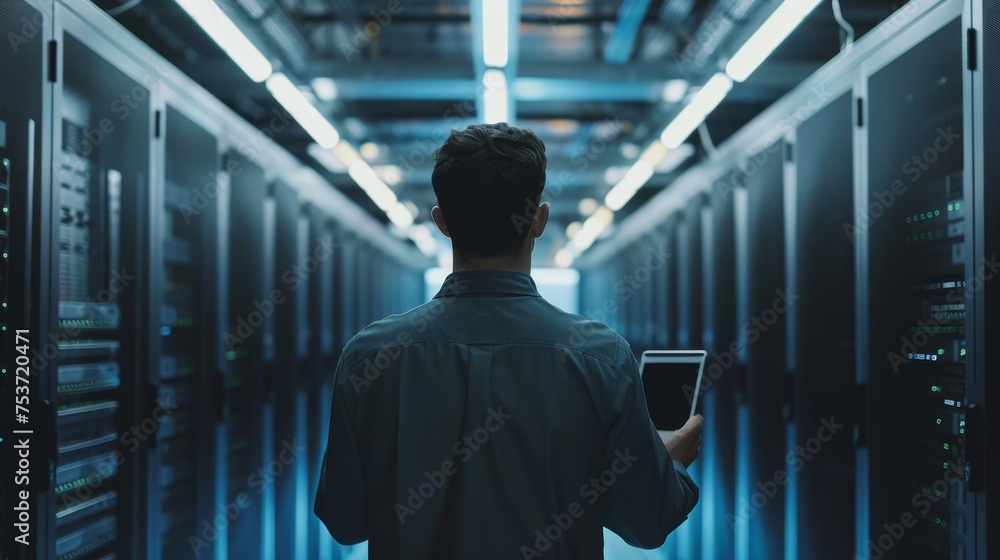 Fototapeta premium Technician holding a tablet in a data center, servers diagnostics