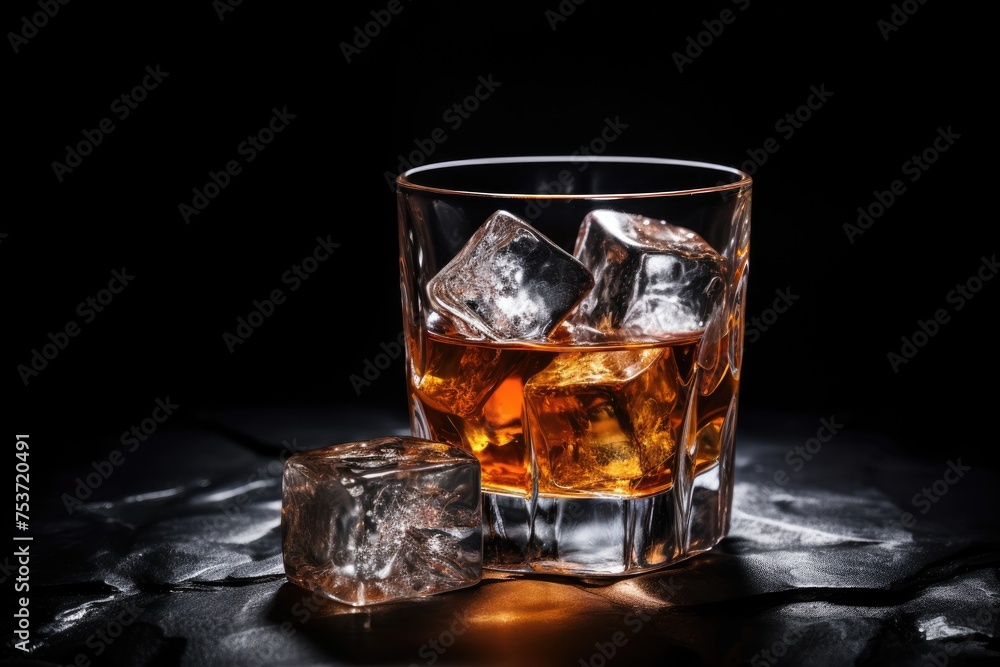 Whiskey on the rocks with ice cubes on a black background, glass of whiskey with ice cubes on plain background, A glass of Scotch whiskey with ice in a rustic style. Whiskey on the rocks, Ai generated