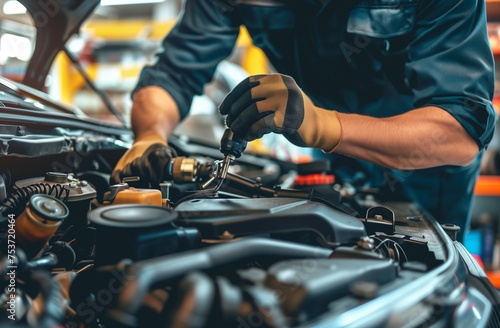 Auto mechanic working on car engine in mechanics garage. Repair service. authentic close-up shot