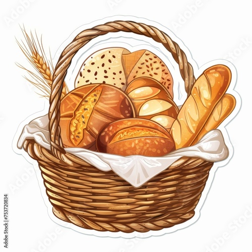 A basket with a linen napkin and bread. A composition with a variety of bakery products. 3d sticker.