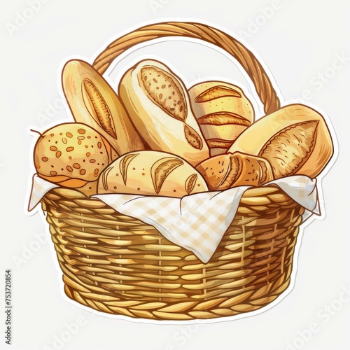 A basket with a linen napkin and bread. A composition with a variety of bakery products. 3d sticker.