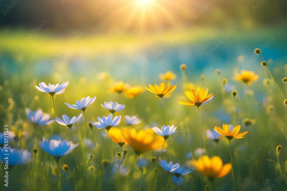 Blossoming Meadow: Vibrant Wildflowers Contrasting with the Verdant Grass