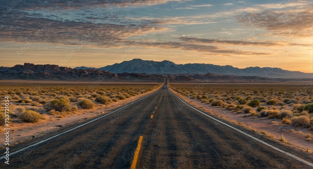 Naklejka premium An open road through an empty rocky desert at sunrise, like a call to travel, to explore, to escape a journey through the difficulties and trials of life, towards the unknown, adventure and freedom