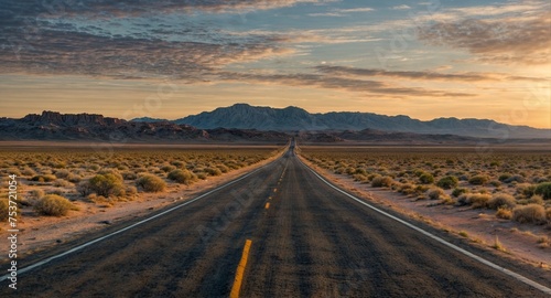  An open road through an empty rocky desert at sunrise  like a call to travel  to explore  to escape a journey through the difficulties and trials of life  towards the unknown  adventure and freedom 