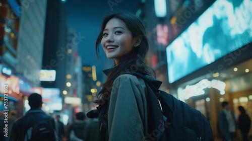 Young Asian woman holding her camera in front of the street with neon lights and buildings while looking back at camera smiling, in the city of tokyo.
