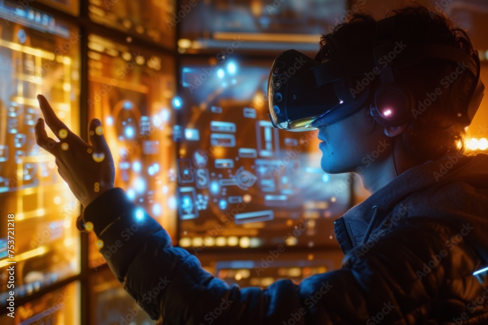 A virtual reality game developer inside their own game world, creating and manipulating virtual elements with holographic interfaces. A virtual reality game developer inside their own game world, creating and manipulating virtual elements with holographic interfaces.