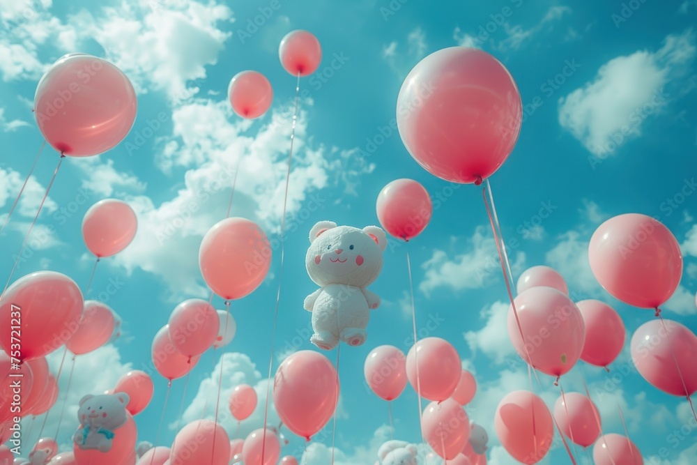 A whimsical parade of animals floating through the sky on balloons, promoting a new line of eco-friendly toys A whimsical parade of animals floating through the sky on balloons, promoting a new line of eco-friendly toys