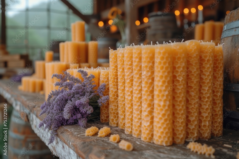 Beekeeping craftsmanship: The delicate art of hand-rolling beeswax candles in a rustic workshop setting Beekeeping craftsmanship: The delicate art of hand-rolling beeswax candles in a rustic workshop setting