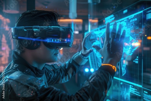 A virtual reality game developer inside their own game world, creating and manipulating virtual elements with holographic interfaces.