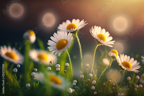 Spring season meadow with daisy flower closeup.