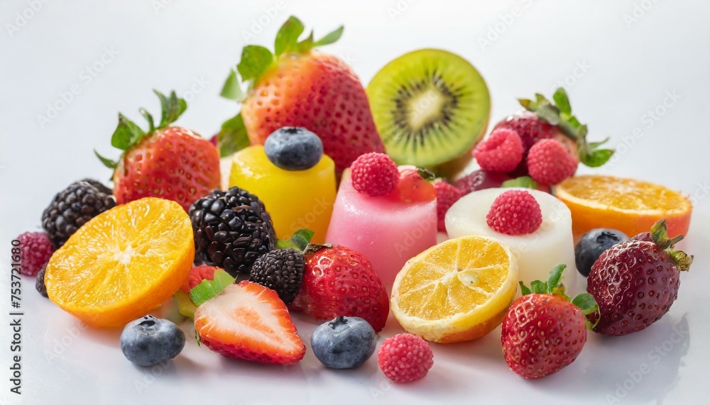 Various high-definition foods like vibrant fruits or candies set against a clean white background Various high-definition foods like vibrant fruits or candies set against a clean white background