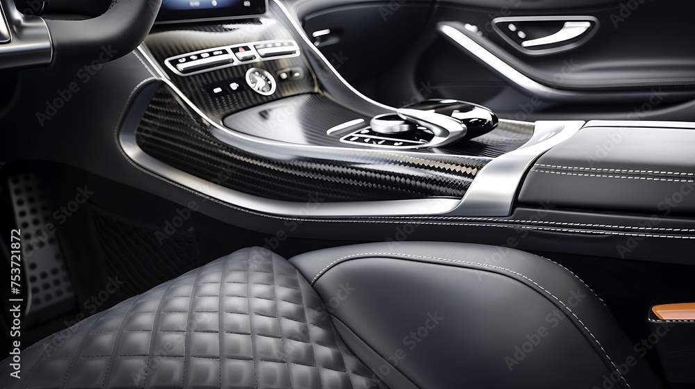 A closeup view of a car interior featuring a steering wheel and dashboard