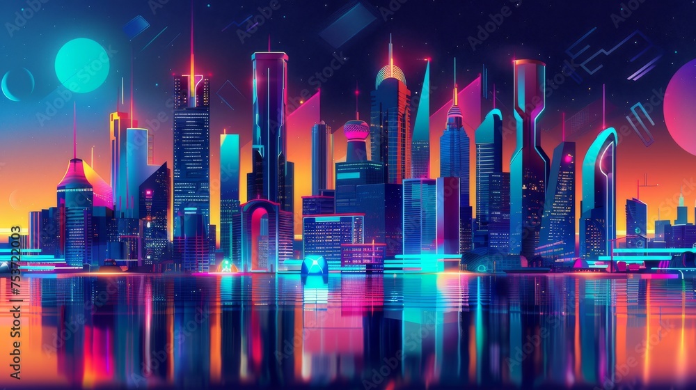 Retro futurism cityscape with neon buildings and abstract shapes