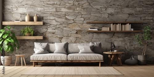 Stone wall interior room with wood decor  bookshelf  sofa  plant vase  table  carpet  home decor.