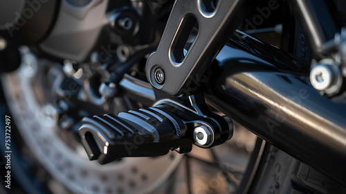 Closeup view of a motorcycles brake disc and foot pegs © Maksym