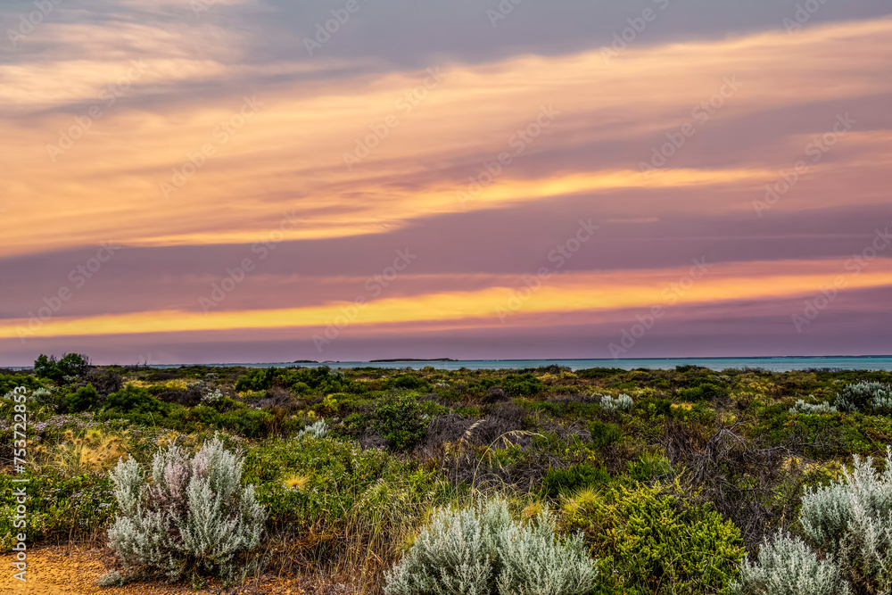 Coastal landscape with vegetation in the foreground at sunset in Western Australia