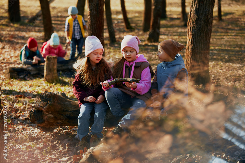 Little kids, classmates on log bench in leafy environment, and one girls showing stick. Concept of outdoor activities for children's development, school, childhood, fashion and style. Ad Little kids, classmates on log bench in leafy environment, and one girls showing stick. Concept of outdoor activities for children's development, school, childhood, fashion and style. Ad