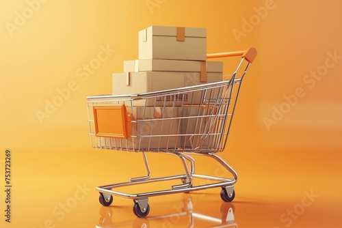 Photo Online shopping concept cartons arranged in a virtual shopping cart