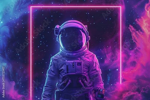 A lone astronaut bathed in neon light navigates a vast, star-filled cosmos framed by the sprayed paint borders.