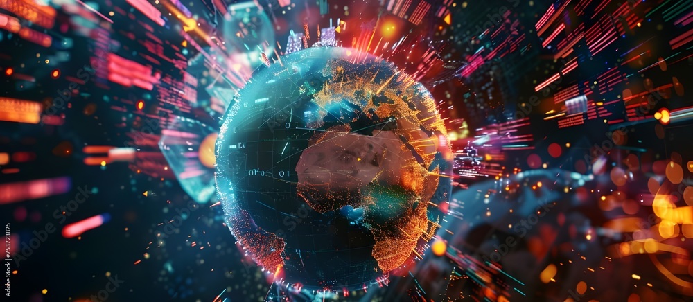 Global network and connectivity on Earth, high speed data transfer. cyber technology information exchange and international telecommunication. Digital world globe. - obrazy, fototapety, plakaty 