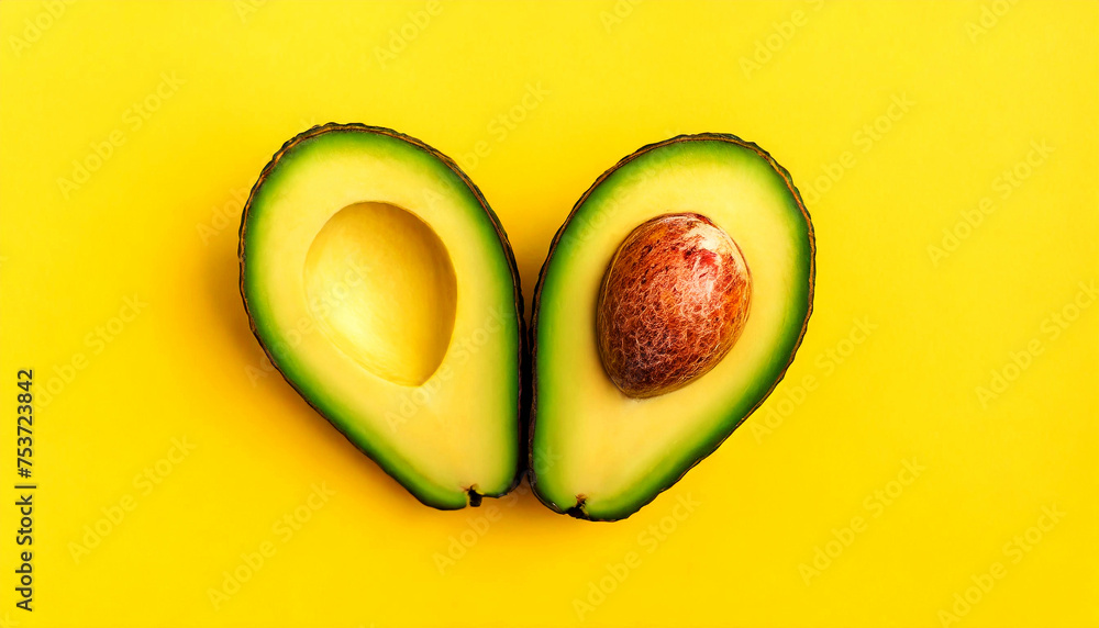 Closeup of two slices of avocado form a heart shape, on a yellow and orange background with copy space. Superfood concept. Generative Ai.