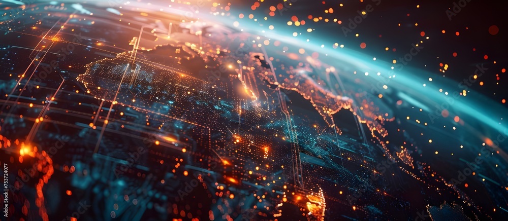 Global network and connectivity on Earth, Connection lines Around Earth Globe, Motion of digital data flow. Technology Background.