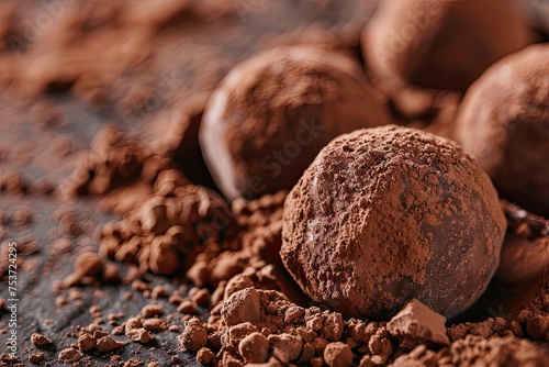 A close-up of a gourmet dark chocolate truffle dusted with cocoa powder