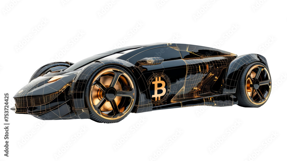 Black and Gold Car With Bitcoin Emblem - Cut out, Transparent Background