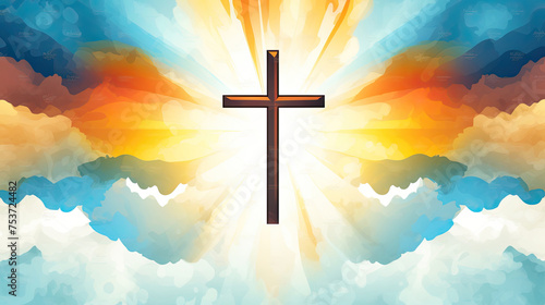 Cross in the Sky. Dramatic Sunrise Watercolor Illustration art Christian Background. God's Beliefs, Faith, Religion, and the Symbolism of Jesus Christ