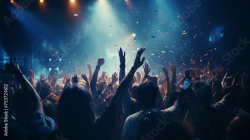 live, rock concert, party, festival night club crowd cheering, stage lights and confetti falling. Cheering crowd. Blue light 