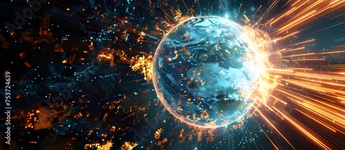 Digital world globe centered, concept of global network and connectivity on Earth, high speed data transfer and cyber technology.