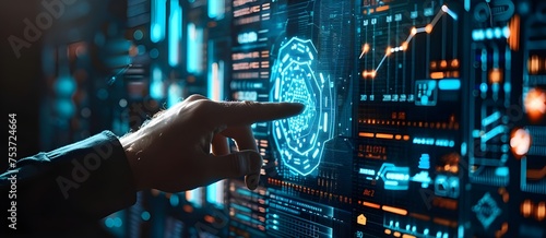 cyber security and internet security online, a businessman touching fingerprint identification to access personal financial data on a digital network.