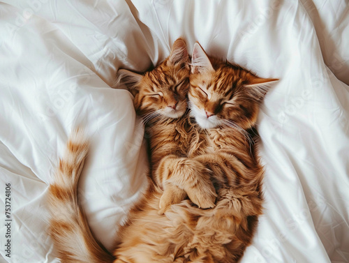 Lovely cat couple sleep together hug on white fluffy bed. Valentine's Day celebration concept. 