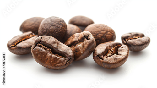 Closed-up view of roasted brown caffeine coffee beans on a white background. Realistic cafe seeds.