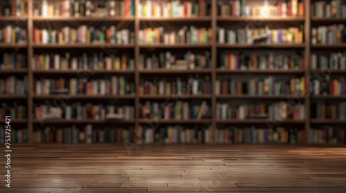 a wooden surface with bookshelves background photo