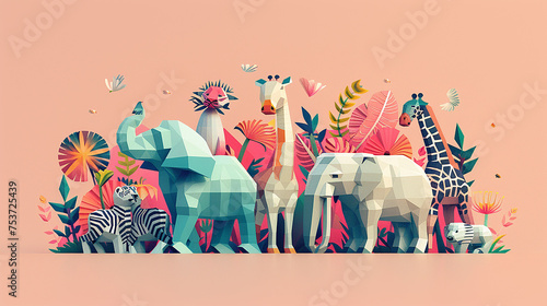 illustrazione geometrica piatta 2d fatta con di animali, colori brillanti , collage in stile giungla con animali della giungla, carta da parati con animali in stile geometrico photo