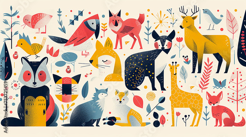 illustrazione geometrica piatta 2d fatta con di animali, colori brillanti , collage in stile giungla con animali della giungla, carta da parati con animali in stile geometrico photo