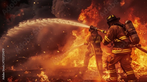 firefighters holding a fire hose extinguish the fire