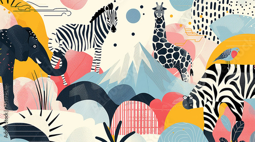 illustrazione geometrica piatta 2d fatta con di animali, colori brillanti , collage in stile giungla con animali della giungla, carta da parati con animali in stile geometrico © garpinina