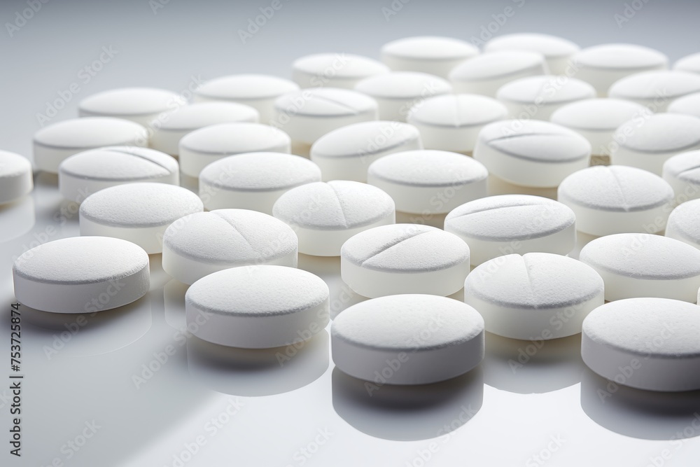 White pills on white background Symbolic image for pharmaceutical products White pills on white background Symbolic image for pharmaceutical products