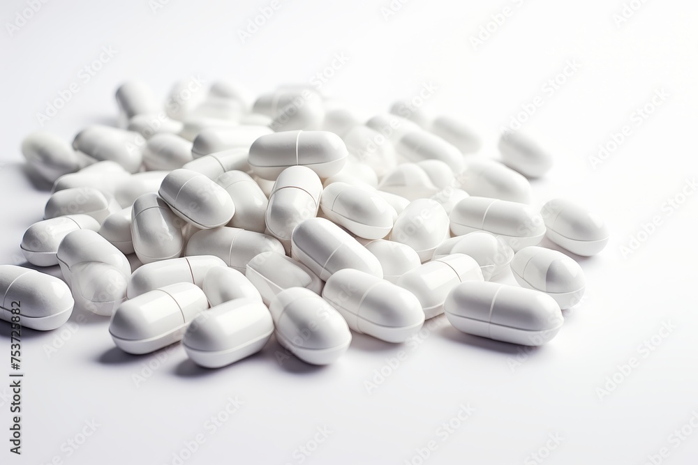 White pills on white background Symbolic image for pharmaceutical products White pills on white background Symbolic image for pharmaceutical products