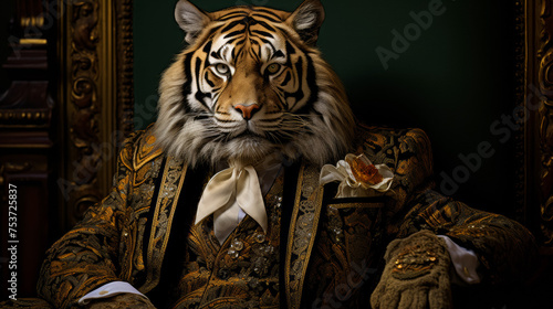 sophisticated tiger in a velvet smoking jacket, adorned with gold embroidery and a silk cravat. Against a backdrop of royal palaces, it exudes aristocratic elegance and feline grace. Mood: regal and r