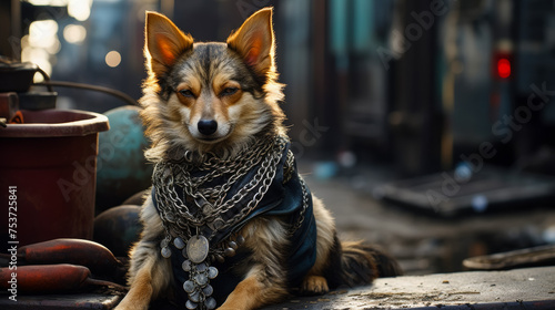 Visualize a suave fox in a leather bomber jacket, adorned with silver studs and a chain necklace. Against a backdrop of city graffiti, it exudes urban coolness and streetwise charm. The vibe: edgy and photo