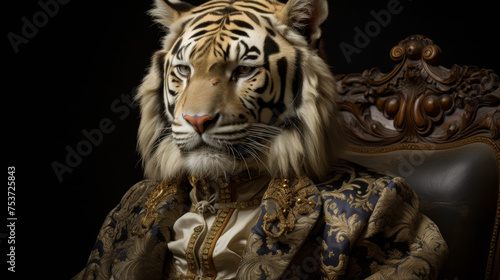 sophisticated tiger in a velvet smoking jacket  adorned with gold embroidery and a silk cravat. Against a backdrop of royal palaces  it exudes aristocratic elegance and feline grace. Mood  regal and r